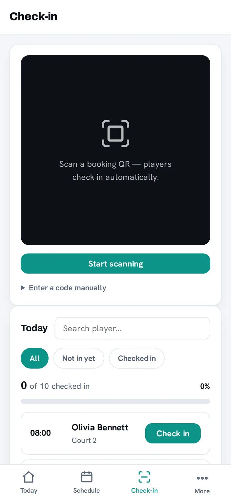 Check-in on mobile: scan a booking's QR door code or enter a code, with a live list of today's players showing who has and hasn't arrived.