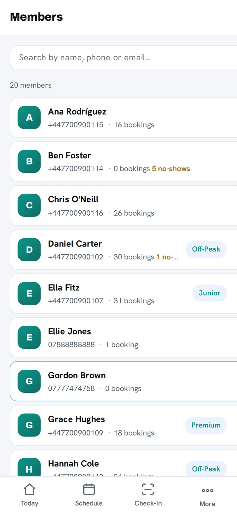 Club admin on mobile: the member CRM list with search.