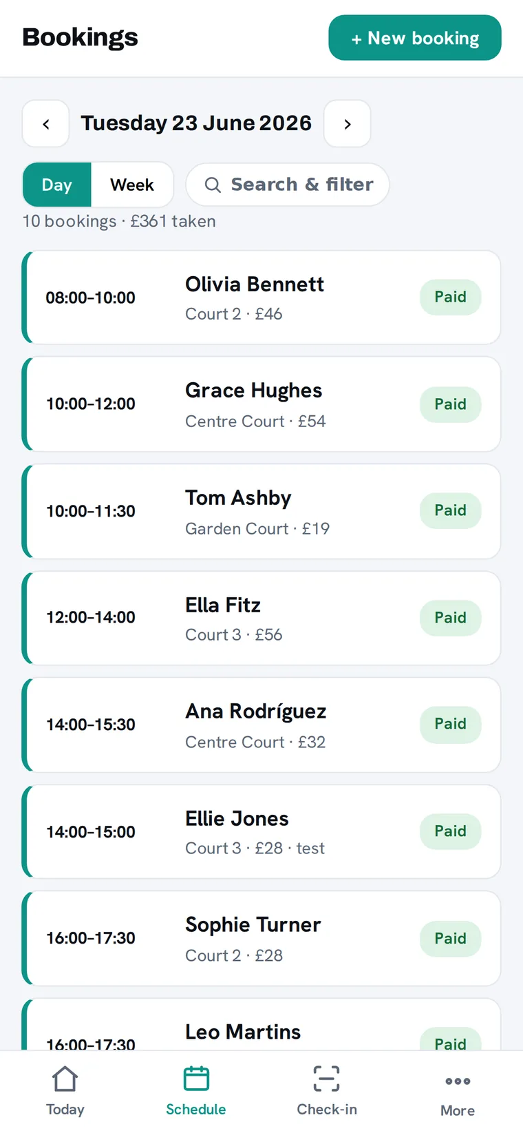 Club admin on mobile: the day's schedule of bookings by court and time.