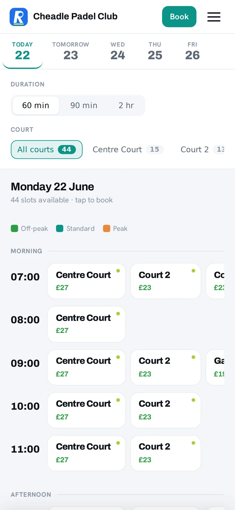 Court and time availability on mobile, with a per-slot price on every slot and peak / off-peak colour coding.