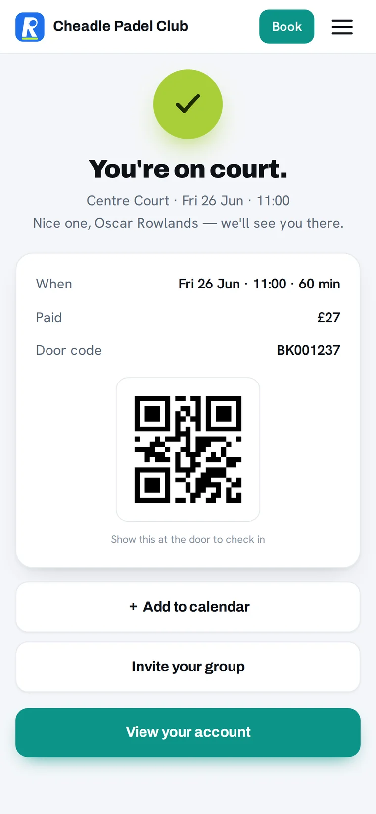 Booking confirmed screen with a QR door code, the booking summary, add-to-calendar and invite-your-group.