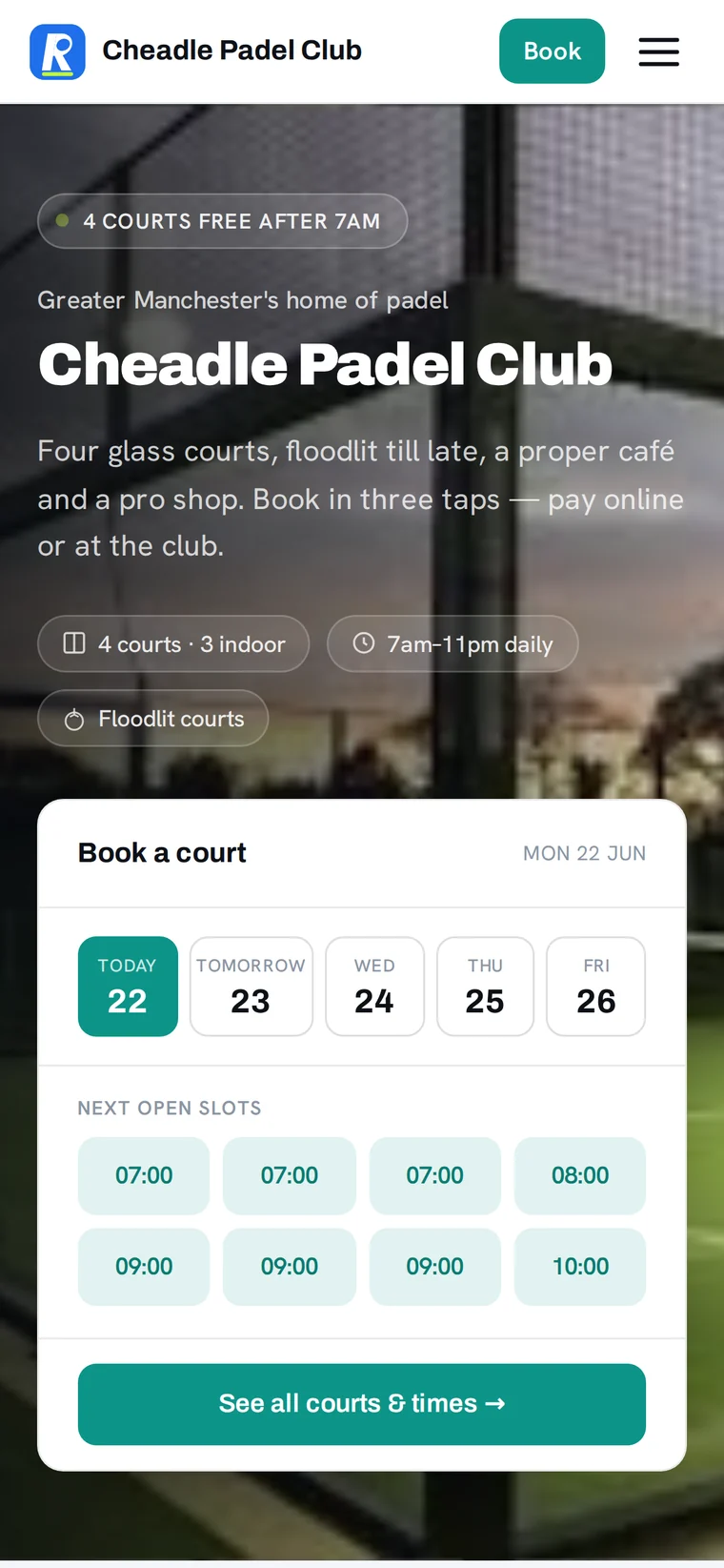 Branded club landing page on mobile for Cheadle Padel Club, with a hero image, amenities and a Book a court widget.