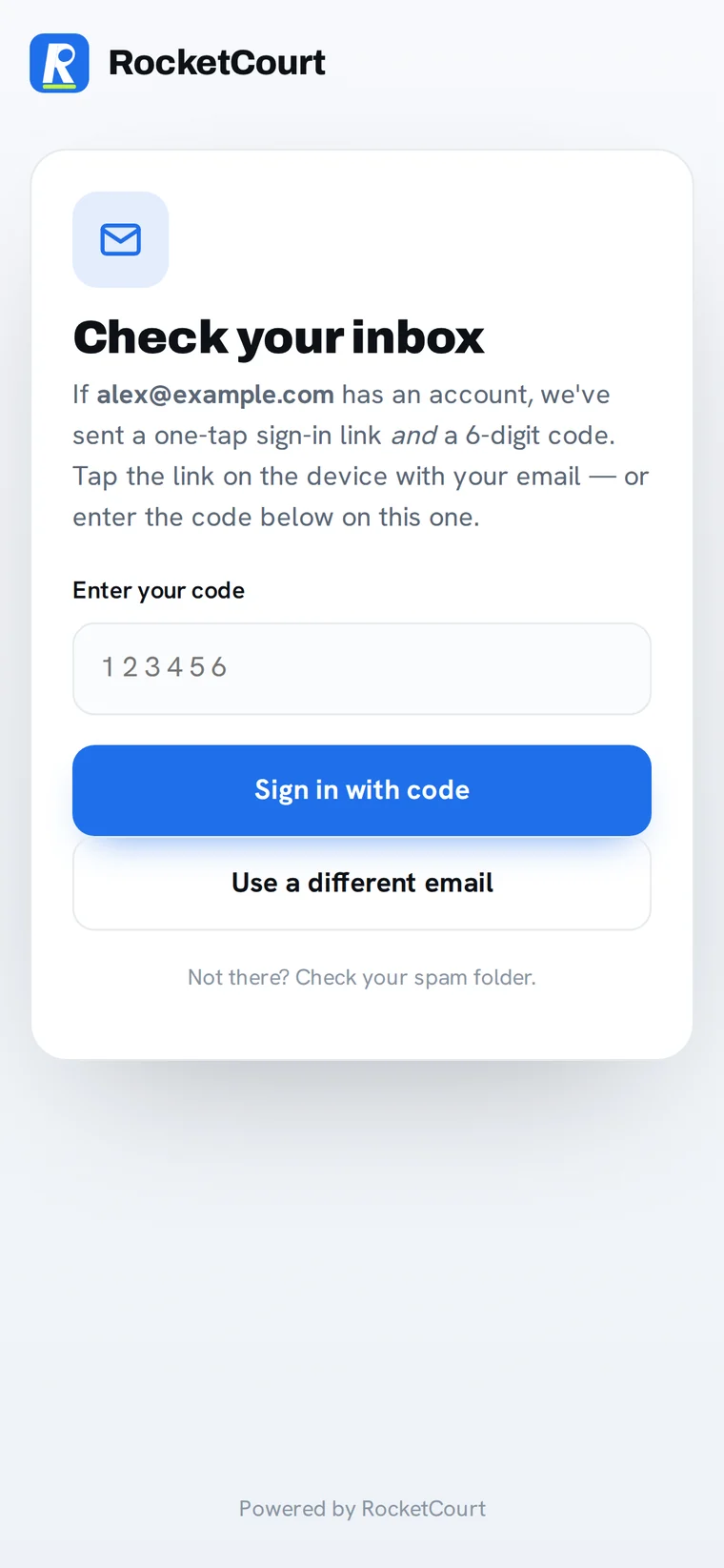 Passwordless sign-in, a one-tap email link plus a 6-digit code to type on the device you're booking from.