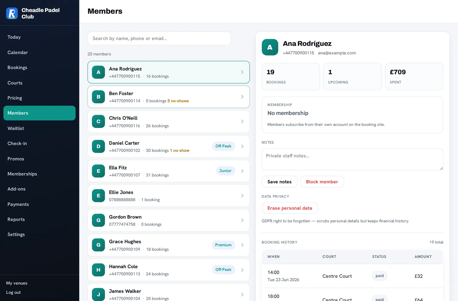 Members CRM: a searchable member list beside an open profile with spend, booking history, membership and staff notes.