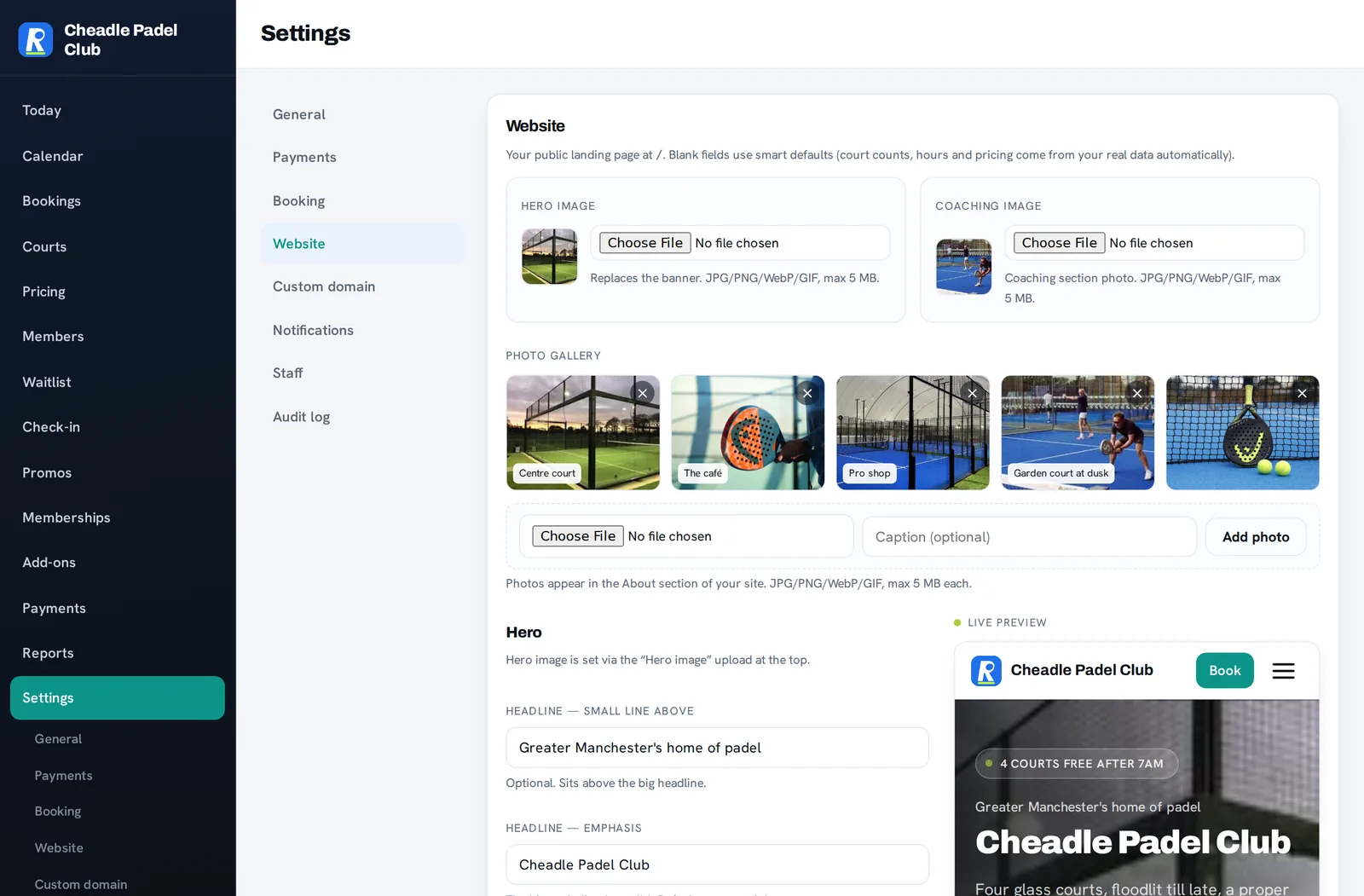 Website editor: edit your branded landing page (hero, gallery, amenities, map) with a live preview beside the form.