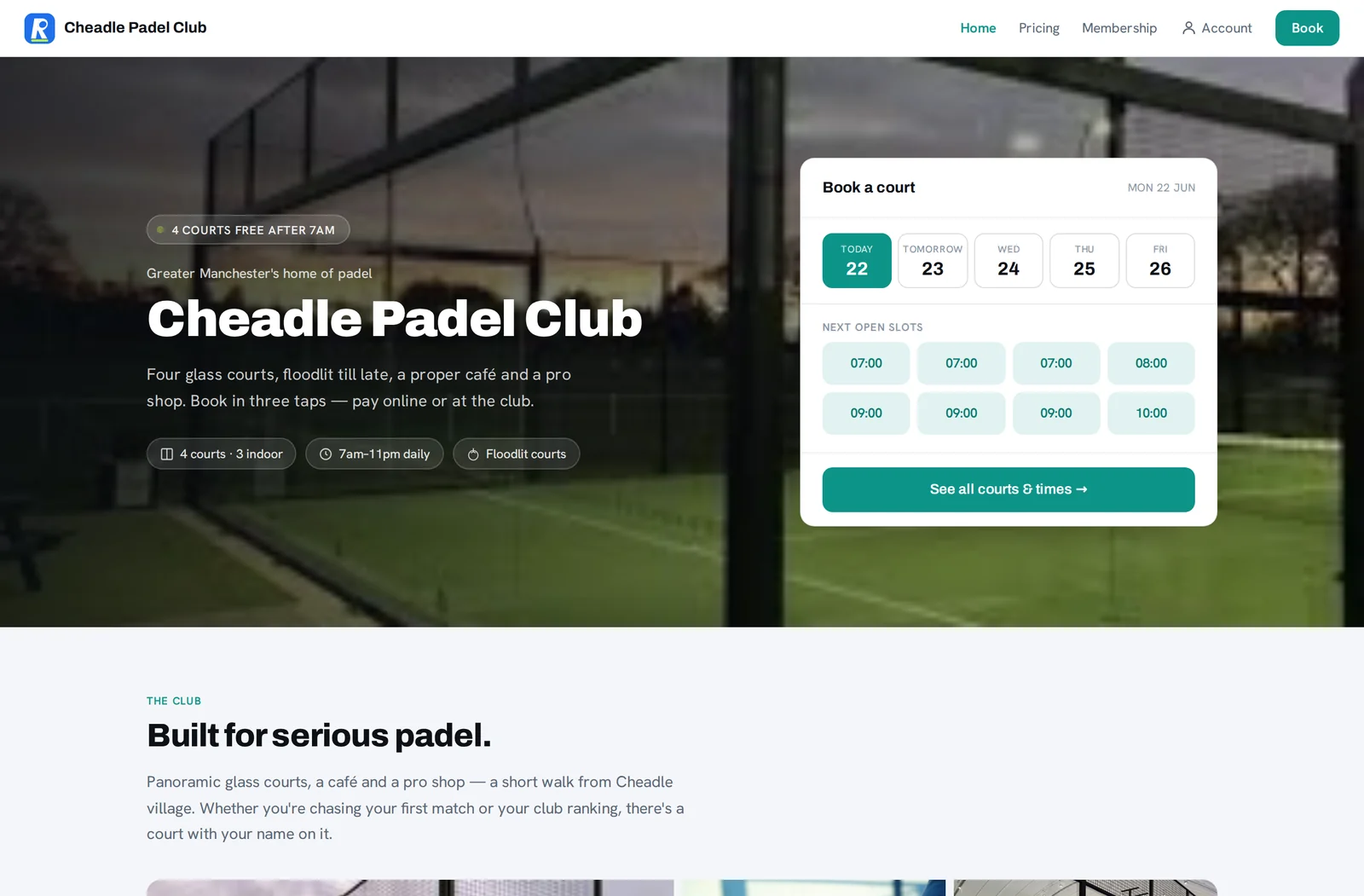 A white-label club booking site for Cheadle Padel Club, hero image, amenities and a Book a court widget, fully branded to the club.